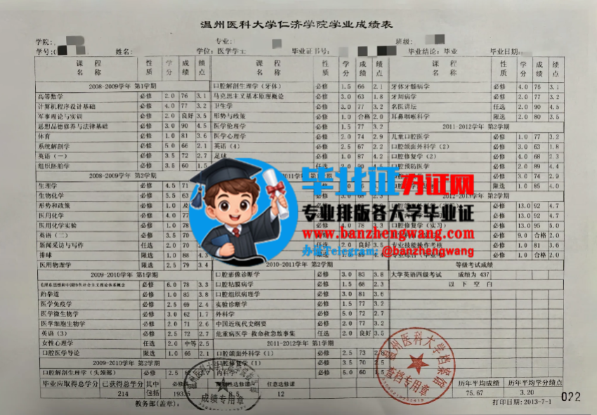 办温州医科大学成绩单,制作温州医科大学成绩单,温州医科大学成绩表样本